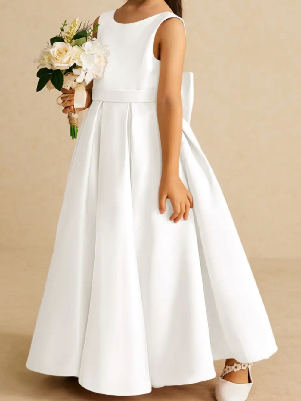 Azazie Pipsy Ivory A-Line Bow Matte Satin Dress